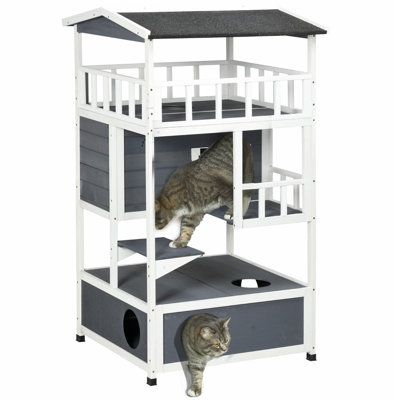 PawHut Wooden Outdoor Cat House with Asphalt Roof, Escape Doors, and Jumping Platforms for Feral and Domestic Cats