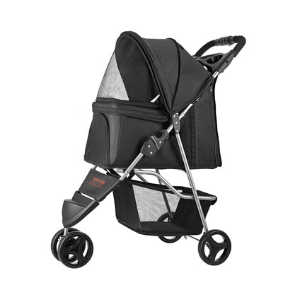 Poussette pour animal de compagnie, capacité de poids de 35 lb, chariot pliable pour poussette pour chien, poussette pour chat à 3 roues avec fenêtres en filet et porte-gobelets, poussette portative pour animal avec frein, pour petits et moyens animaux de compagnie