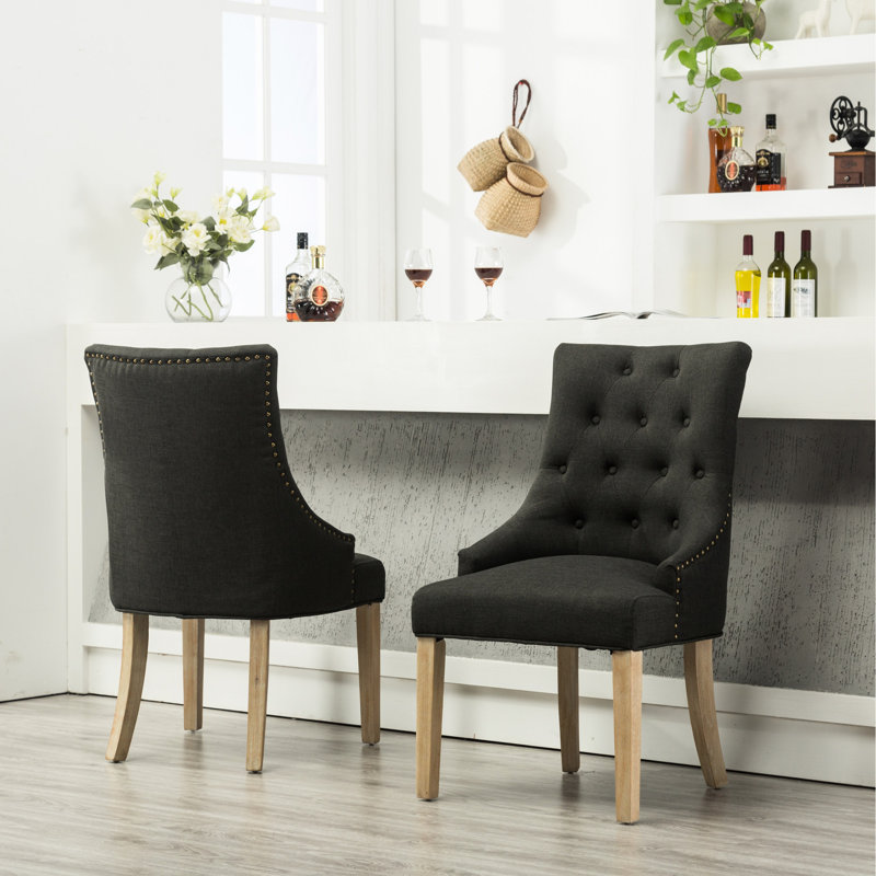 De 2 chaises de bureau à oreilles en bois massif brun clair à boutons - sièges professionnels, Gris anthracite