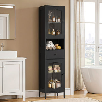 Olvera 66.4'' Tall Bathroom Storage Cabinet with Arched Acrylic Doors – Narrow Freestanding Linen Cabinet with Drawer & Open Shelf – Heavy-Duty Wood Construction with Elevated Metal Legs