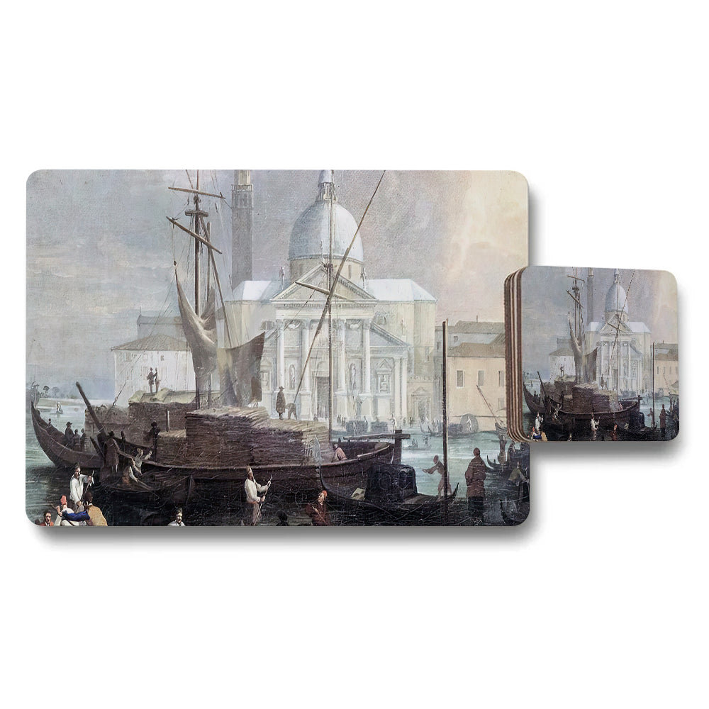 Vintage Harbor Scene Placemat And Coaster Set Seaport Artwork