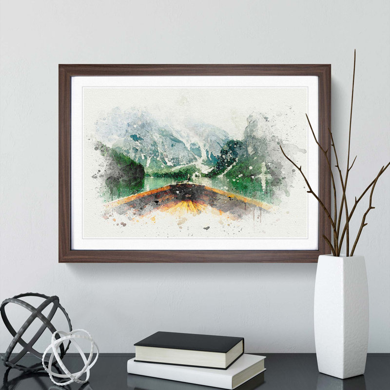 Boat in Lago Di Braies Italy in Abstract - Picture Frame Painting Print, Walnut Framed, 62cm H x 87cm W x 2cm D