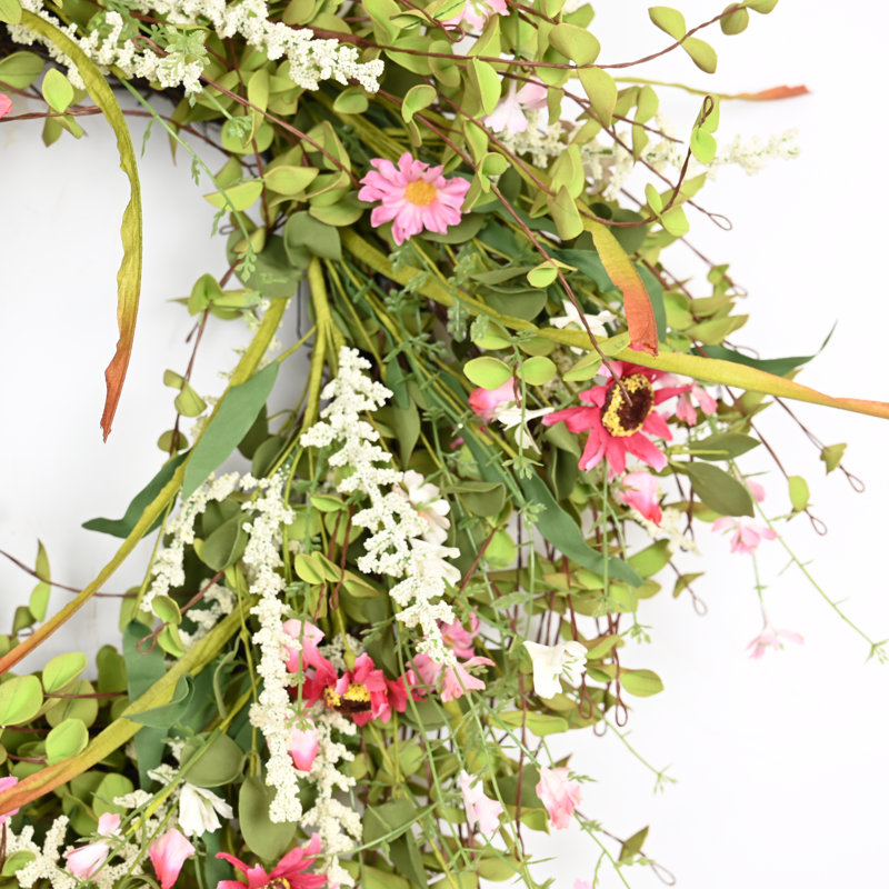 26" Artificial Farmhouse Twig Berry Blossoms Cluster Greenery Mini Eucalyptus Daisy Spring Summer Wreath For Front Door
