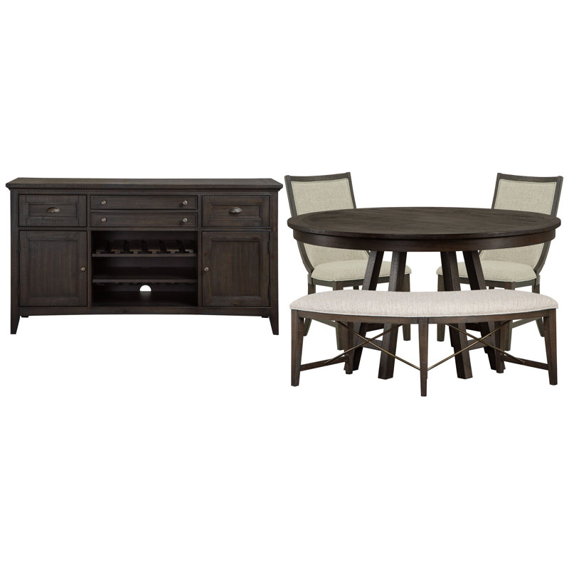 52" Round Dining Table With 2 Host Chairs Curved Bench And Buffet, 5 Pieces: Table, 2 Chairs, Bench, Sideboard, Gray