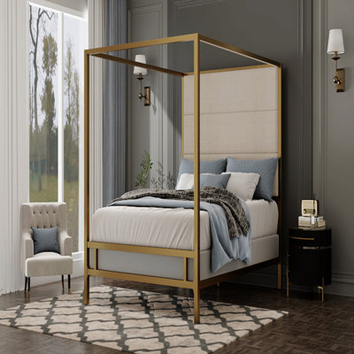 Modern Gold Canopy Bed With 76.5" Tall Linen Fabric Upholstered Headboard Metal 4-Poster Bed Frame, Box Spring Needed, Queen
