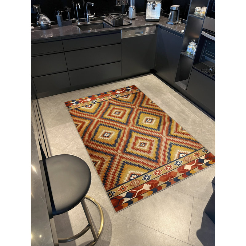 Tapis décoratif multicolore à motif géométrique de forme rectangulaire jaune, Tapis de couloir 3 pi 3,37 po x 9 pi 10,11 po
