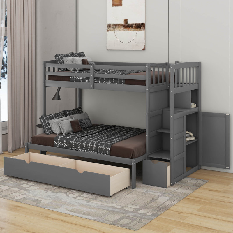 Twin Over Full/Twin Bunk Bed With Shelves And Drawers, Gray