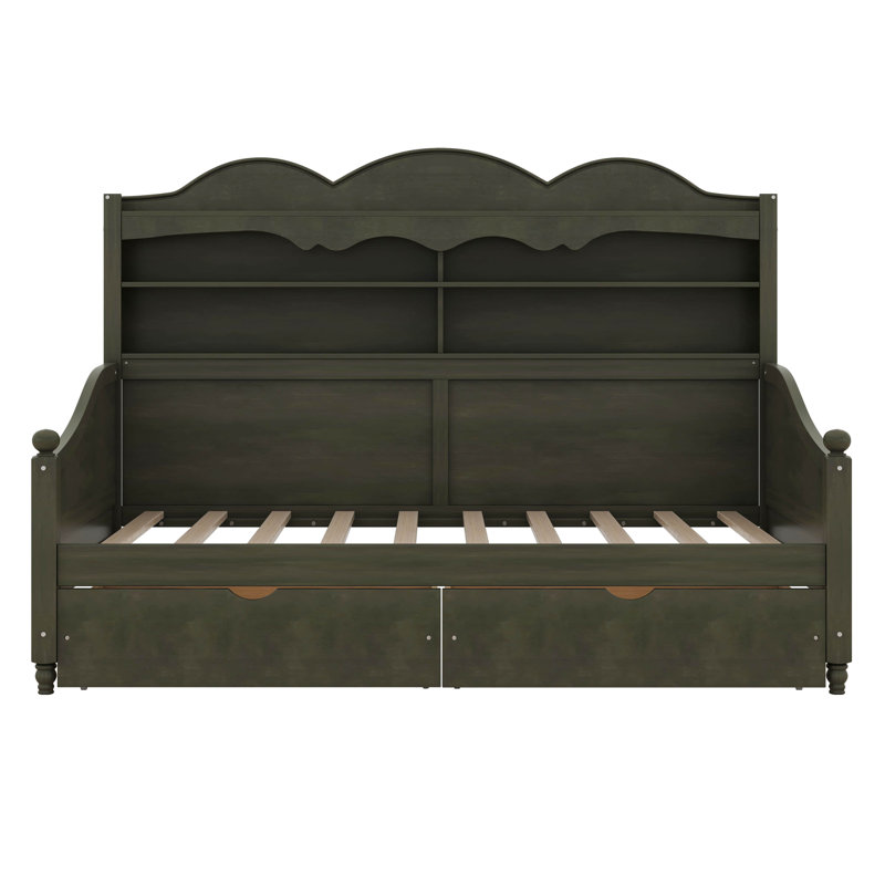 Twin Daybed Boasting Storage Drawers, Wooden Twin Daybed With Storage Headboard And Shelving, Vintage-Inspired Daybed