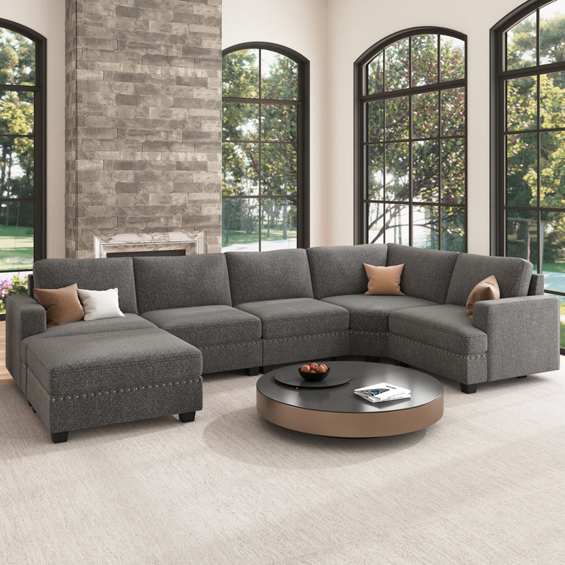 Canapé modulaire en U avec repose-pieds Anureet, Polyester gris clair, Oui