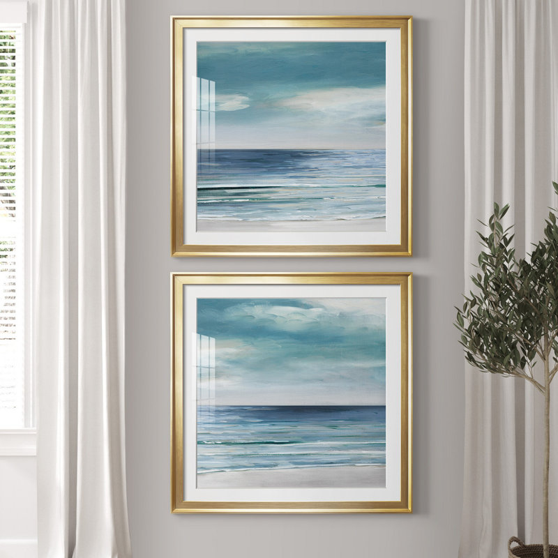 «Blue Silver Shore I», ensemble de 2 reproductions d'art, Blanc, H 34,5 po x l 69 po x P 1,5 po, Papier encadré doré