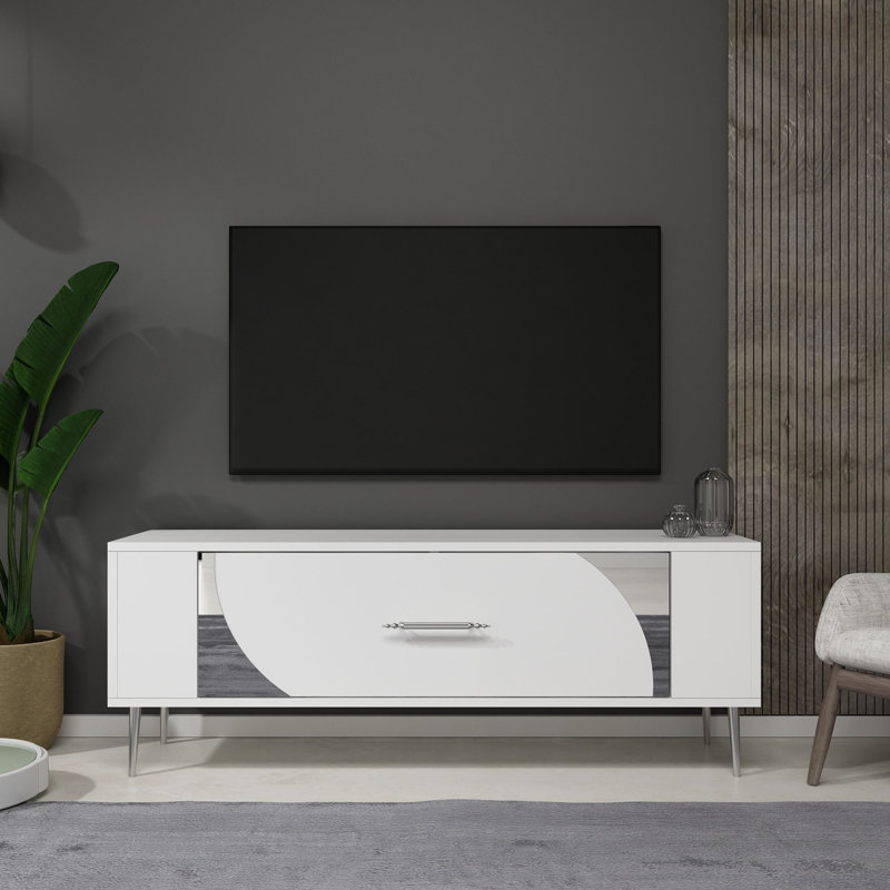 Meuble télé Catena, blanc et argent, 47,2 po x 19,0 po x 10,4 po Catena | Panneau de particules 100% enduit de mélamine | Fixable au mur, comprend une tablette de 34,1 pouces, parfait pour les centres de divertissement, design élégant et fonctionnel