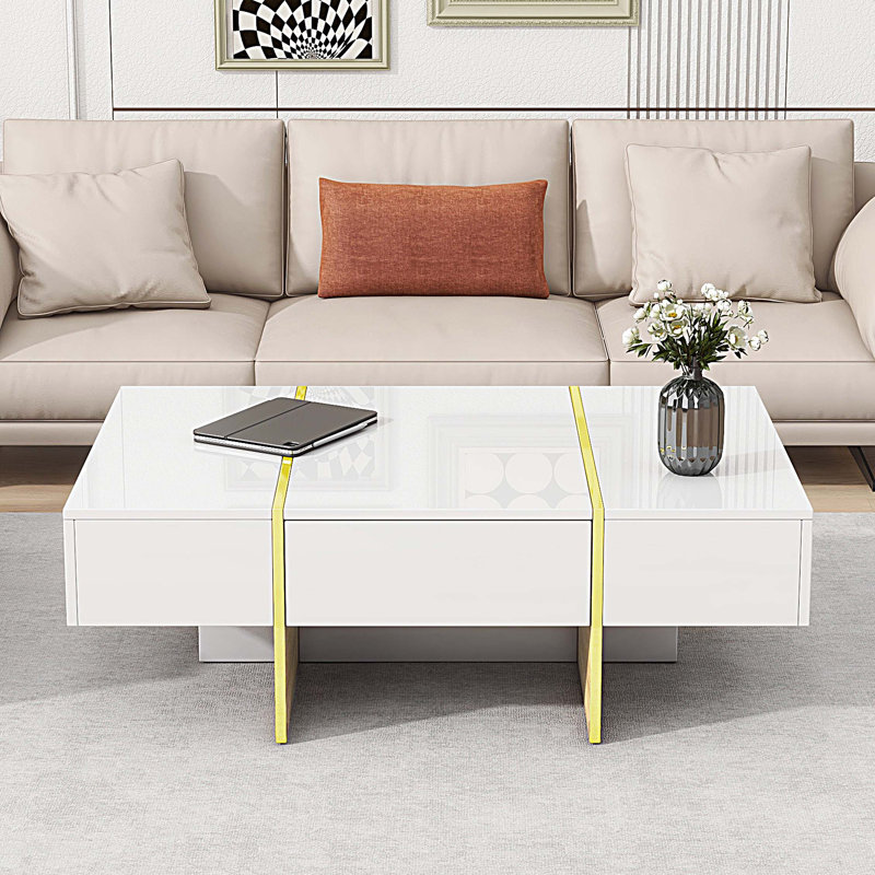 Table basse moderne avec 2 tiroirs, table de centre rectangulaire multi-rangement avec pieds en bois, Blanc