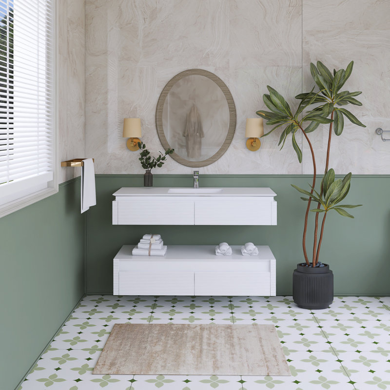Meuble-lavabo mural simple 48 po avec plateau en marbre, White