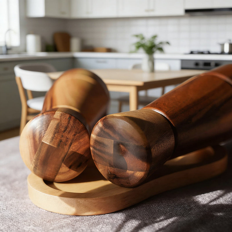 Ensemble de moulins à sel et à poivre en bois d'acacia avec plateau, moulins à céramique et en acier inoxydable réglables pour les épices fraîches, conception de table de cuisine élégante