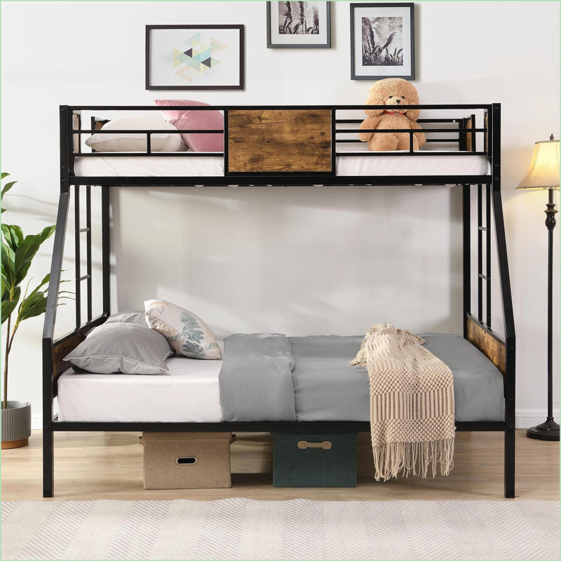 Lit simple superposé au dessus d'un lit double en métal avec échelle à 2 côtés Barrière de sécurité - Aucun sommier requis, rangement sous le lit, noir Brun