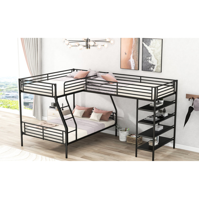 Lit simple sur lit simple en métal noir - Polyvalent avec tablettes et lit mezzanine en L, 4 tablettes, couleur