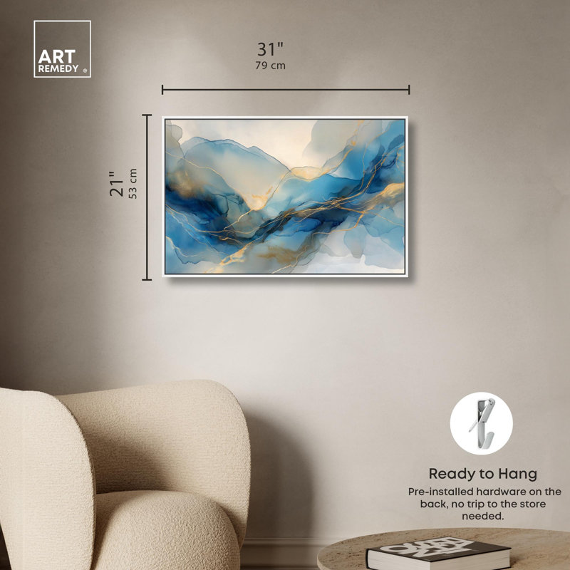«Postmodern Flow II», art mural abstrait sur toile , H 21 po x l 31 po, Cadre flottant blanc