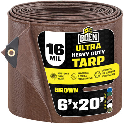 6 ft x 20 ft Brown Tarp, 16 Mil Thick Waterproof Ultra Heavy Duty Cover, Rip Proof Tarps, Thick Weave Material, UV Resistant Great for Tarpaulin Canopy Tent, Boat, RV or Pool Cover