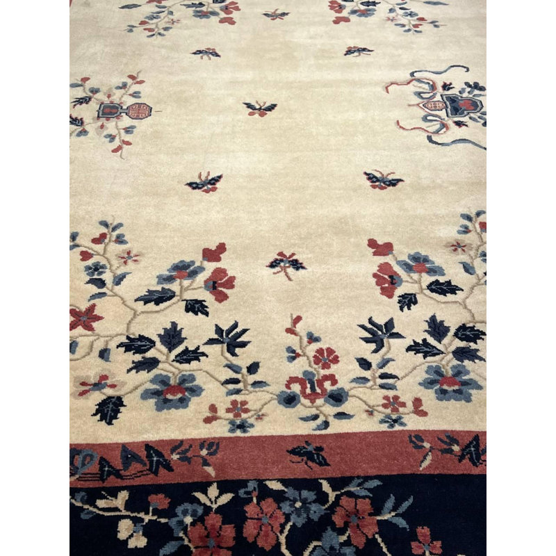 Hand Woven Cotton and Wool Floral Area Rug