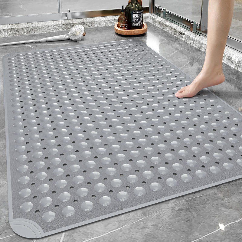 Très grand tapis de douche, tapis de douche TPE antidérapant avec trous de bonde et ventouses, Gris foncé