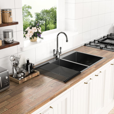 Évier de cuisine à double cuve - acier inoxydable 33 x 22 noir, acier inoxydable de calibre 18, cuve moderne durable