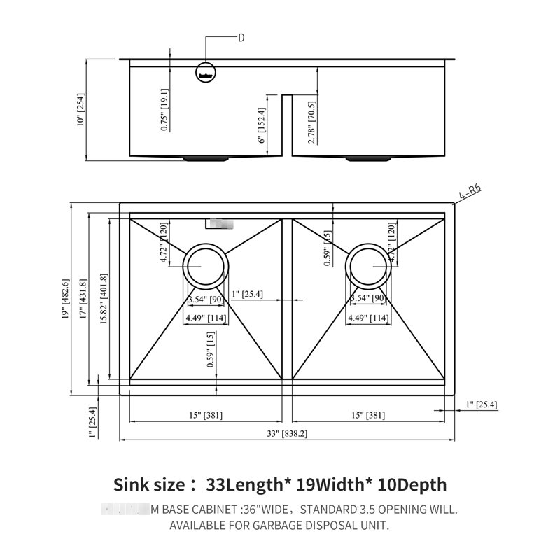 16 Gauge T304 Stainless Steel 33"X19" Double Bowl  50/50  Undermount Kitchen Sink With 10" Deep Basin, R10 Rounded Corner, X - Shaped Water Guide For Easy Drainage, Coating To Avoid Condensation,