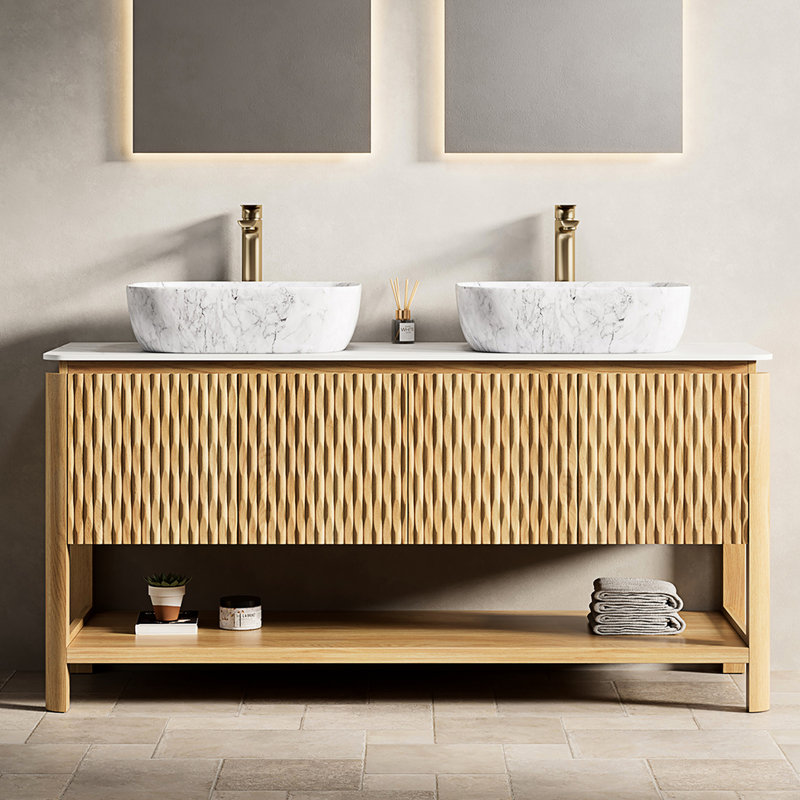 Meuble-lavabo autoportant moderne de 60 po avec 2 lavabos en céramique, pierre frittée blanche, 4 portes texturées et système de fermeture en douceur