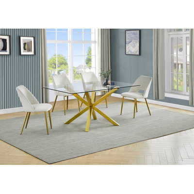Rectangular 63'' x 39" Glass Dining Set with Velvet Side Chairs and Gold Base