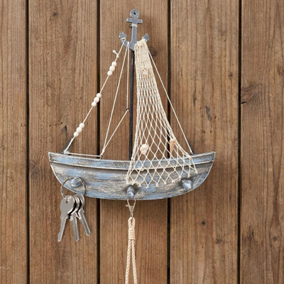 Décoration murale en bois en forme de bateau avec crochets - Thème nautique et côtier