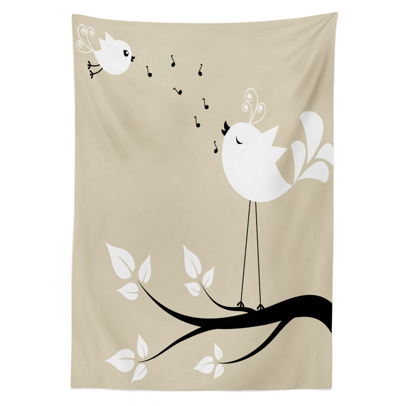 Ambesonne Birds Tablecloth, 2 Birds On A Branch Singing Love Songs Friend Valentine Couple Hope Living, Rectangular Table Cover For Dining Room Kitchen Decor, 52" X 70", Cream Black White