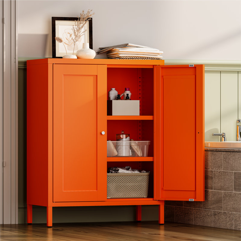  Metal Bathroom Floor Storage Cabinet With 2 Adjustable Shelves And 2 Doors, Orange, Orange