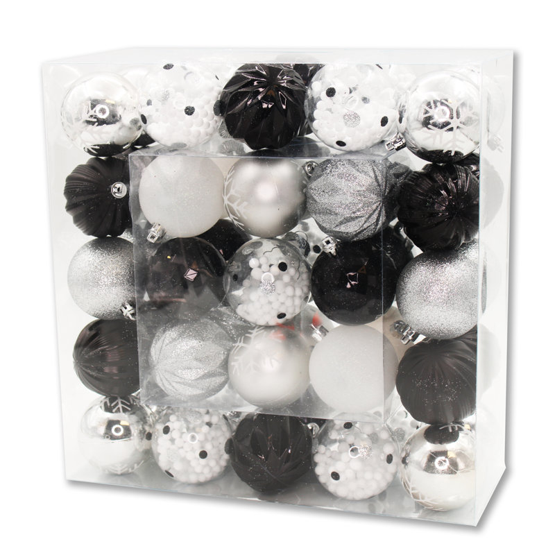 Arctic 50 Piece Assorted Ball Ornament Set, Noir, blanc, argenté