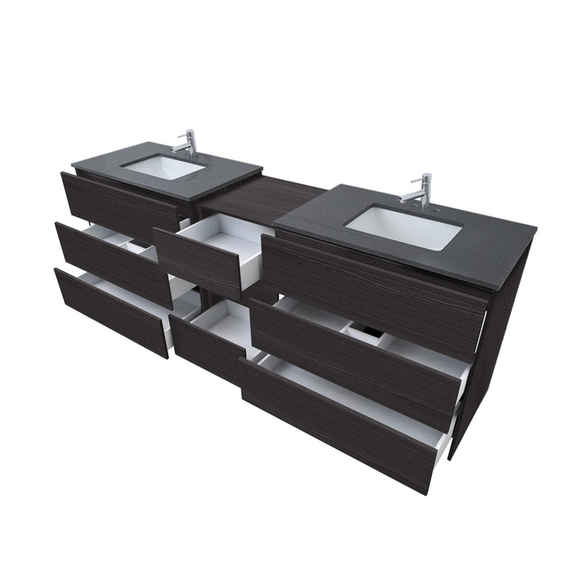 Ella 92'' Double Bathroom Vanity with Engineered Quartz Top, Black, Gray, 4" Centerset