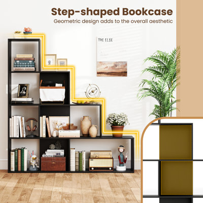 4-Tier Bookshelf w/ 6 Storage Cubes 64'' Tall Modern Geometric Stair Bookcase