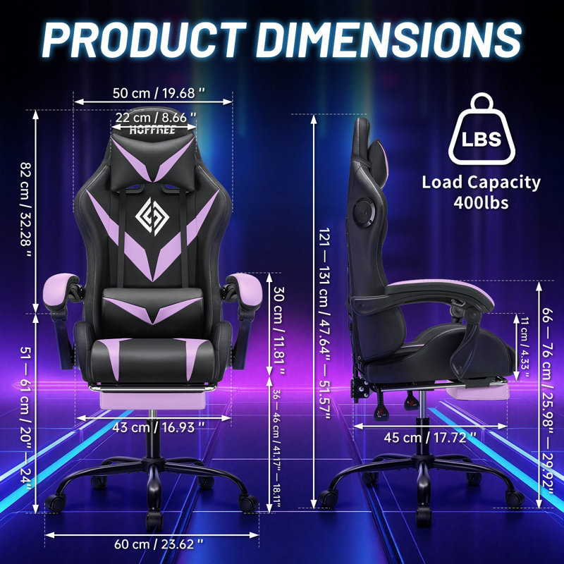 Hoffree Massage Ergonomic Gaming Chair with Bluetooth Speakers and RGB LED Lights, Purple/Black