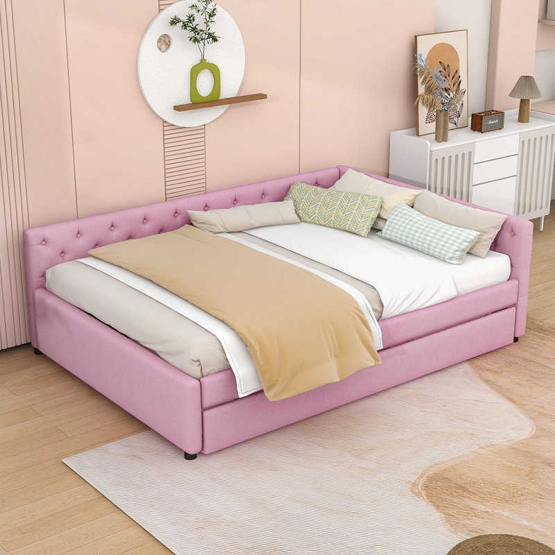 Lit de jour rembourré capitonné double TG avec lit gigogne simple TG, Rose