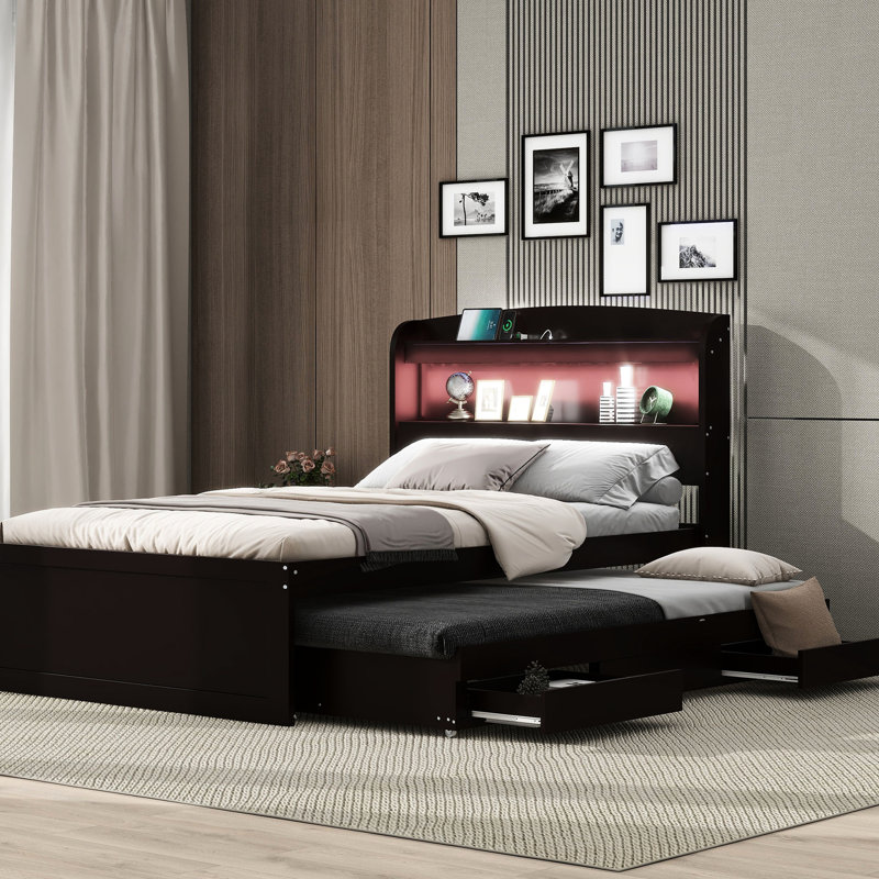 Lit plateforme simple TG avec grand rangement, tête de lit à DEL, charge, 2 tiroirs, lit gigogne, espace de rangement brun précieux, tête de lit et