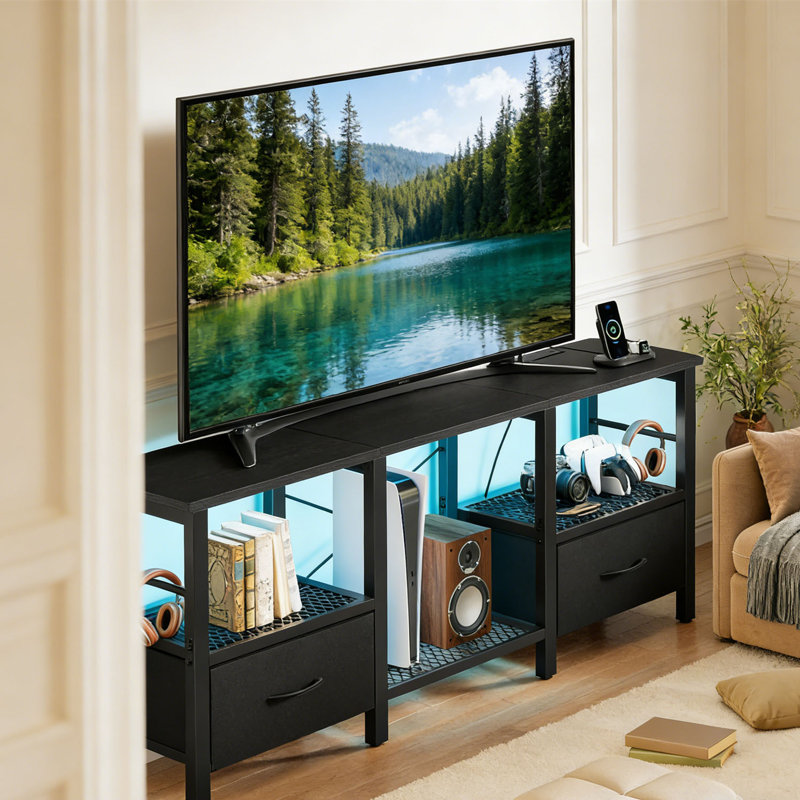 TV Stand, LED Entertainment Center With Fabric Drawers And Power Sockets, Modern Industrial TV Media Console In Living Room, Bedroom Storage Cabinet