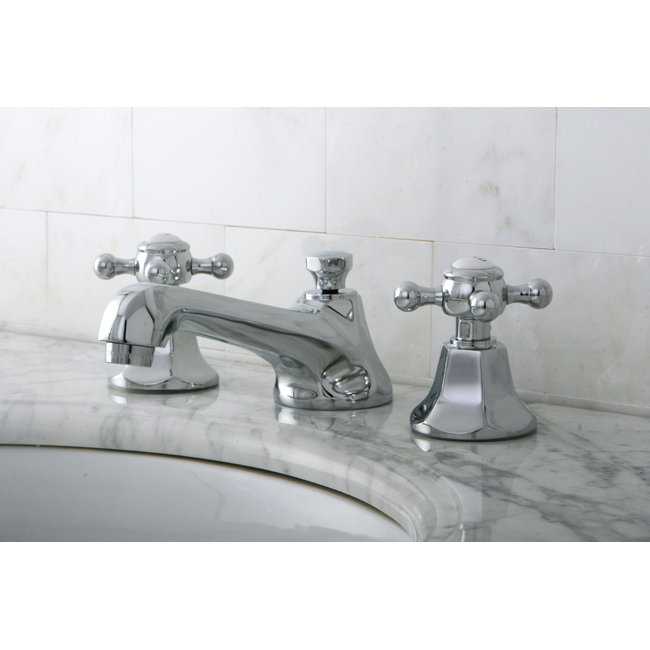 Kingston Brass Metropolitan Two-Handle 3-Hole Deck Mount Widespread Bathroom Faucet with Brass Pop-Up Drain, Polished Chrome