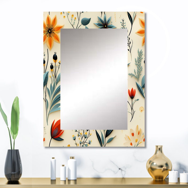 Green And Yellow Retro Bouquet Revival - eclectic  Large Mirror, Boho Decorative Wall Mirror, Printed Metal Art, 32" x 24"