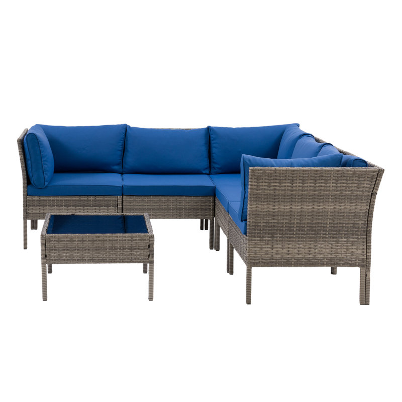 Flintville 5 - Person Patio Conversation Set with Cushions, Blended Gray Frame/Oxford Blue Cushion