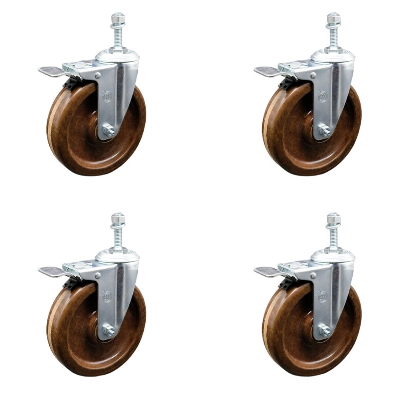 5 Inch High Temp Phenolic Swivel 12mm Stem Caster Set with Total Lock Brake