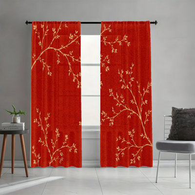 2PCS Rod Pocket Light Filtering Curtains, Red Texture Background Vintage Branch Printed Drapes, Spring Fresh Home Decor, All Season Window Treatments for Living Room Bedroom Study Home Decoration