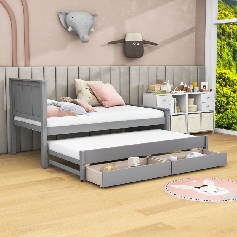 Lit plateforme simple en bois avec lit gigogne simple et tiroirs, gris