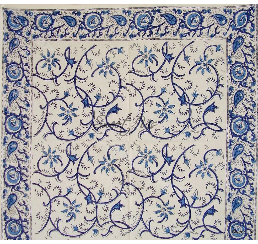 Floral Block Print Cotton Table Runner 72 X 15 Blue White Linen Charlton Home®