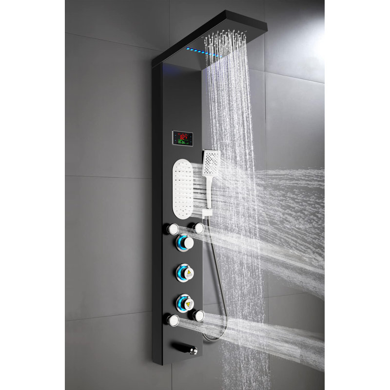 Système de panneau de tour de dérivation à 5 voies avec pomme de douche à pluie et brume à DEL, en noir brossé
