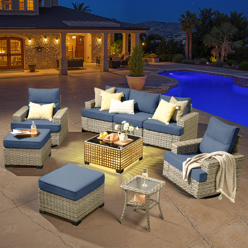 Carolle 8-Piece Outdoor Patio Furniture All-Weather 7-Person PE Wicker Outdoor Conversation Set, Patio Couch Swivel Rocker Chairs With Solar Powered Coffee Tables For Backyard,Poolside,Deck
