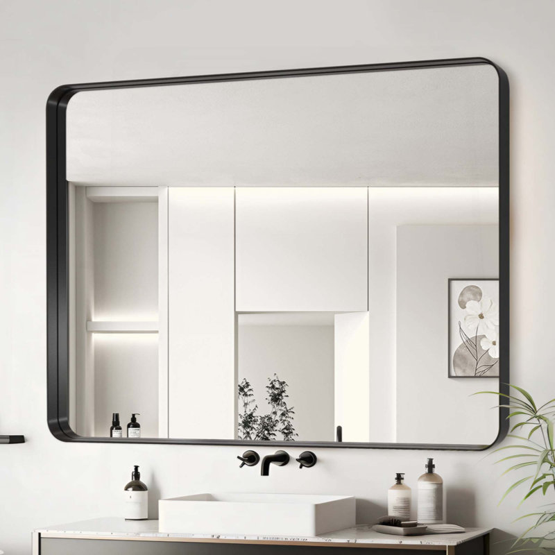 Miroir de salle de bain HD en verre flotté avec cadre en aluminium et installation facile, Horizontale, Noir, 30 po x 40 po