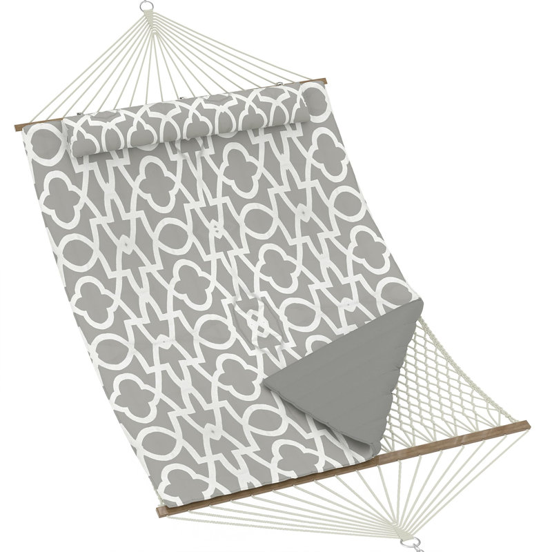 Double Quilted Hammock for 2 Person, 3.5m Large Garden Hammock with Wooden Spreader Bar & Detachable Pillow, 204kg Capacity Outdoor Swing Bed with Chains, Brownish
