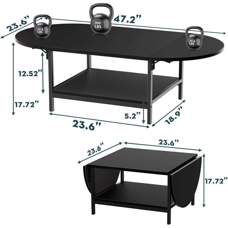 Black Extendable Coffee Table with Storage and Metal Legs